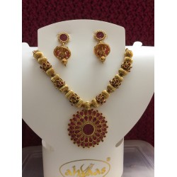 Gold Beaded Neckset with Beautiful Red Stones Locket