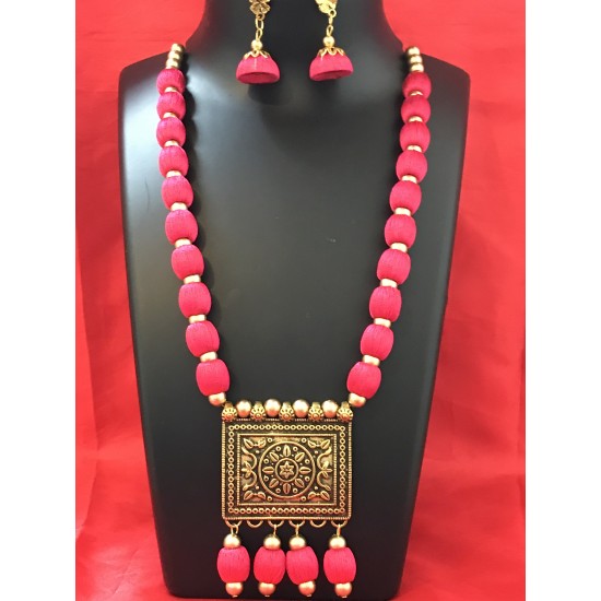 pink colour silk thread jewellery set 