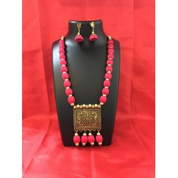 pink colour silk thread jewellery set 