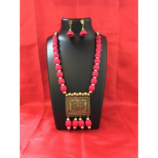 pink colour silk thread jewellery set 