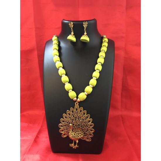 Light Green  colour silk thread jewellery set with peacock locket 