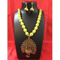 Light Green  colour silk thread jewellery set with peacock locket 