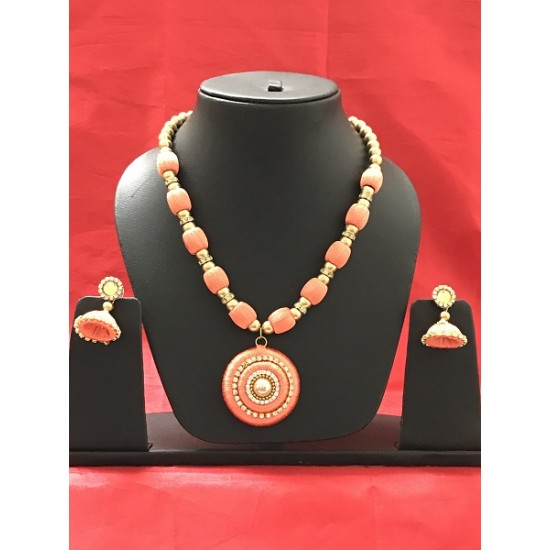 peach  colour silk thread jewellery set
