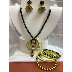 Yellow with black beads  silk thread jewellery set