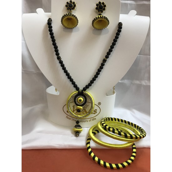 Yellow with black beads  silk thread jewellery set