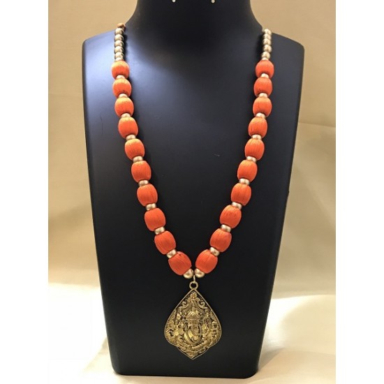 GANESH LOCKET SOLID ORANGE SILK THREAD NECK SET 