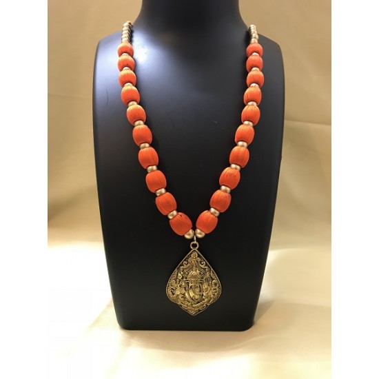 GANESH LOCKET SOLID ORANGE SILK THREAD NECK SET 