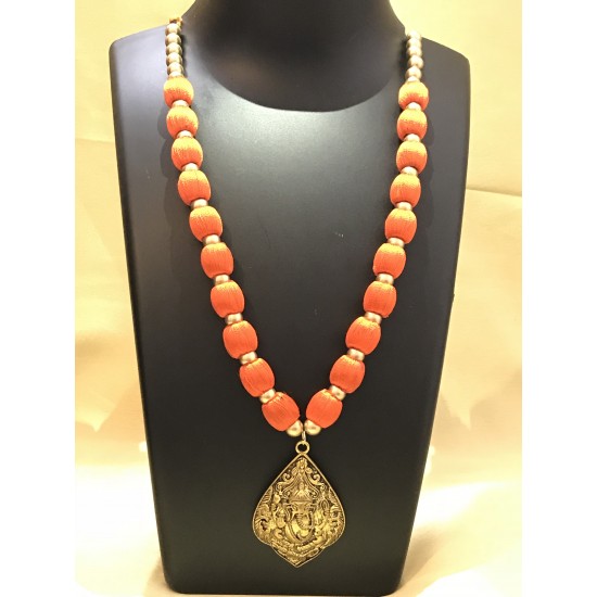 GANESH LOCKET SOLID ORANGE SILK THREAD NECK SET 