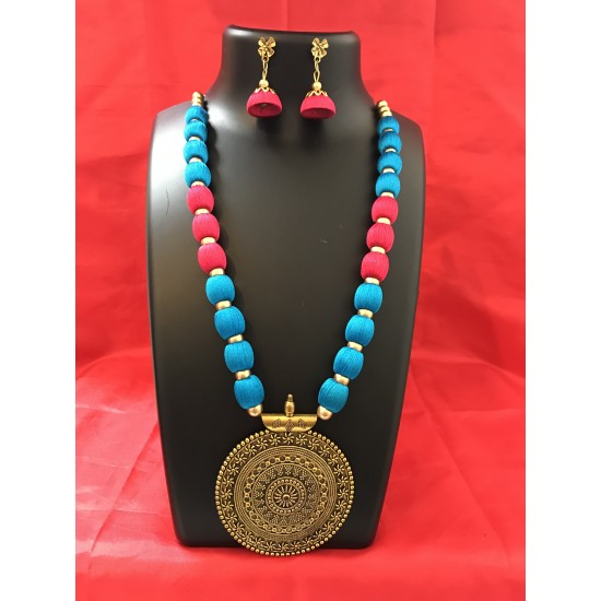 PINK AND BLUE COMBO SILK THREAD JEWELLERY SET 