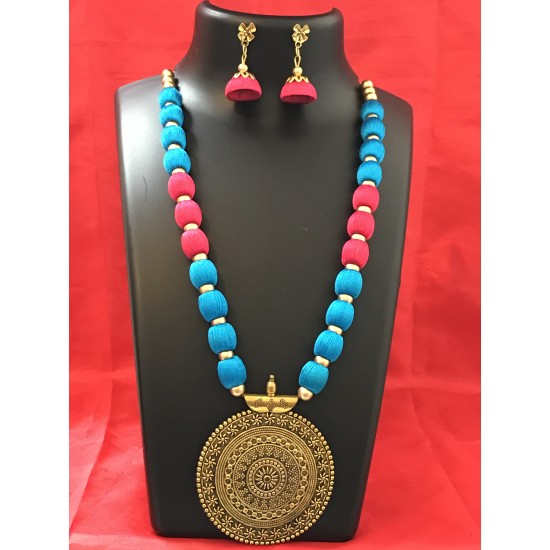 PINK AND BLUE COMBO SILK THREAD JEWELLERY SET 