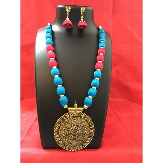 PINK AND BLUE COMBO SILK THREAD JEWELLERY SET 
