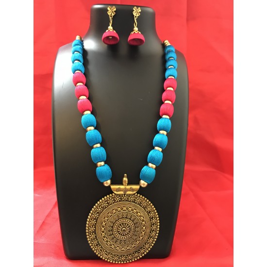 PINK AND BLUE COMBO SILK THREAD JEWELLERY SET 