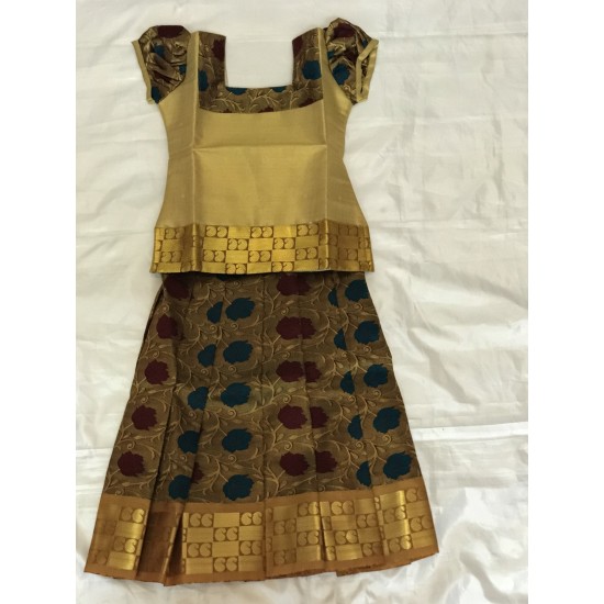 Maroon and Green Flowers Design Pattu Pavadai/Pattu Lahenga