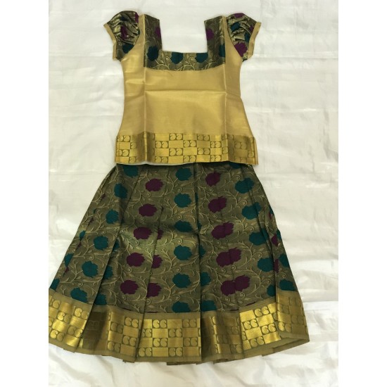 Purple and Green Flowers Design Pattu Pavadai/Pattu Lahenga