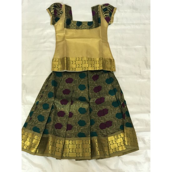 Purple and Green Flowers Design Pattu Pavadai/Pattu Lahenga