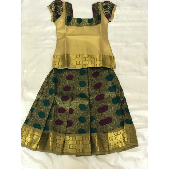 Purple and Green Flowers Design Pattu Pavadai/Pattu Lahenga