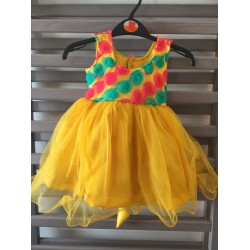 Yellow Designer Frock With Satin Flowers