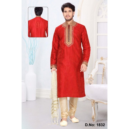 Red Art Work Designer Men's Kurta Pajama With Hand Work