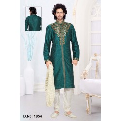 Teal Green Dupion Work Designer Men's Kurta Pajama With Hand Work