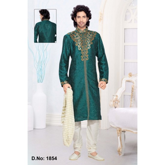 Teal Green Dupion Work Designer Men's Kurta Pajama With Hand Work