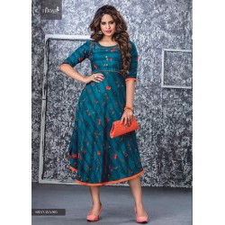  BLUE COLOUR RAYON PRINTED UREB GHERA LONG GOWN STYLE KURTI