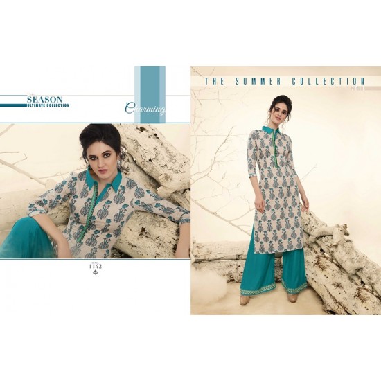 Sandalwood  & Blue Colour Printed Kurthi with Embroidered Plazzos