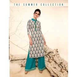 Sandalwood  & Blue Colour Printed Kurthi with Embroidered Plazzos