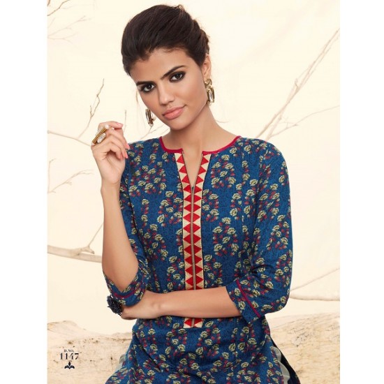 Royal Blue Colour Printed Kurthi with Embroidered Plazzos