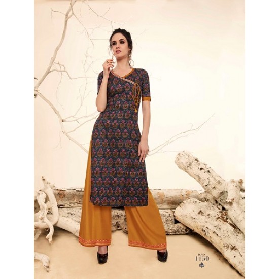 Navy Blue Printed Kurthi with Embroidered Plazzos