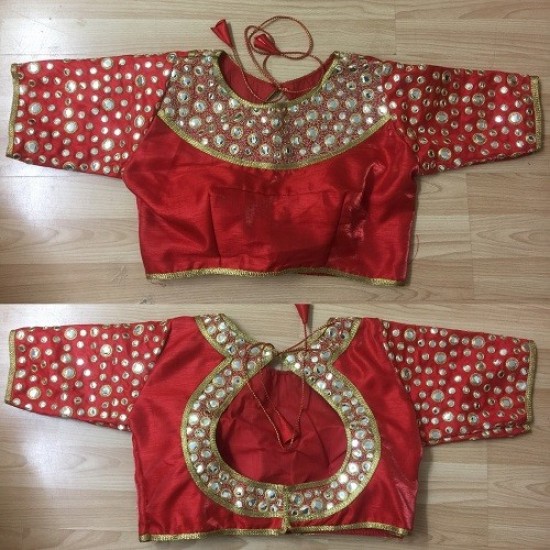Red Colour Foil Mirror Boat Neck Ready Made Blouse