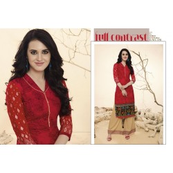Red & Sandalwood Colour Printed Kurthi with Embroidered Plazzos