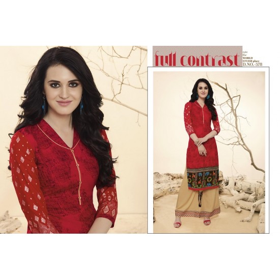 Red & Sandalwood Colour Printed Kurthi with Embroidered Plazzos