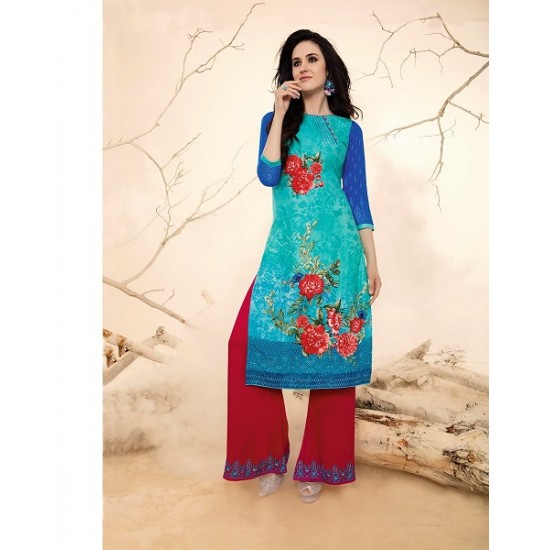 Blue Colour Printed Kurthi with Embroidered Plazzos