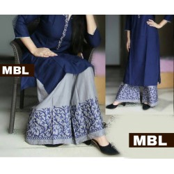 Navy Blue Colour Plain Kurthi with Embroidered Plazzos