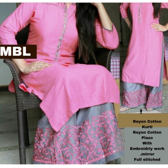 Baby Pink Colour Plain Kurthi with Embroidered Plazzos