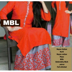 Red Colour Plain Kurthi with Embroidered Plazzos