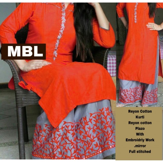 Red Colour Plain Kurthi with Embroidered Plazzos