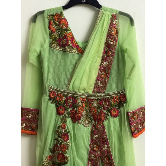 Green Colour Pure Rasal Soft Net Embroidery Ankle Length 3 Piece Anarkali Suit for Weddings