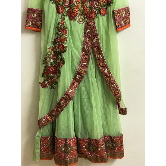Green Colour Pure Rasal Soft Net Embroidery Ankle Length 3 Piece Anarkali Suit for Weddings
