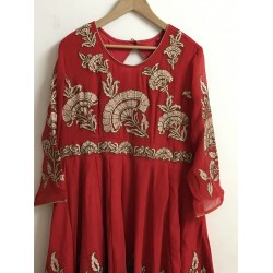 Red Colour Pure Georgette Gold Embroidery Full Length Anarkali Kurthi
