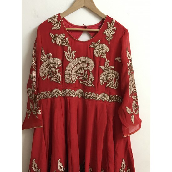Red Colour Pure Georgette Gold Embroidery Full Length Anarkali Kurthi