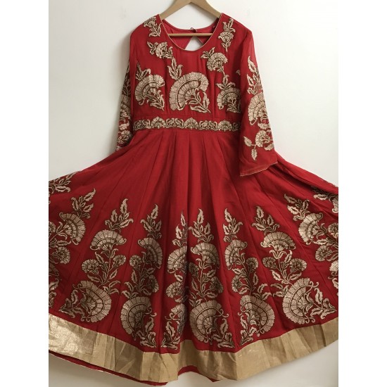 Red Colour Pure Georgette Gold Embroidery Full Length Anarkali Kurthi