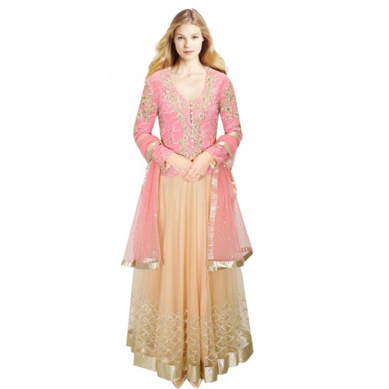 Pink & Cream Net & Georgette Full Sleeve Lehenga 