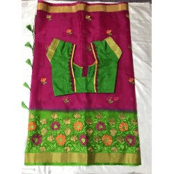 Pink and Green Combo Embroidered Organza Saree