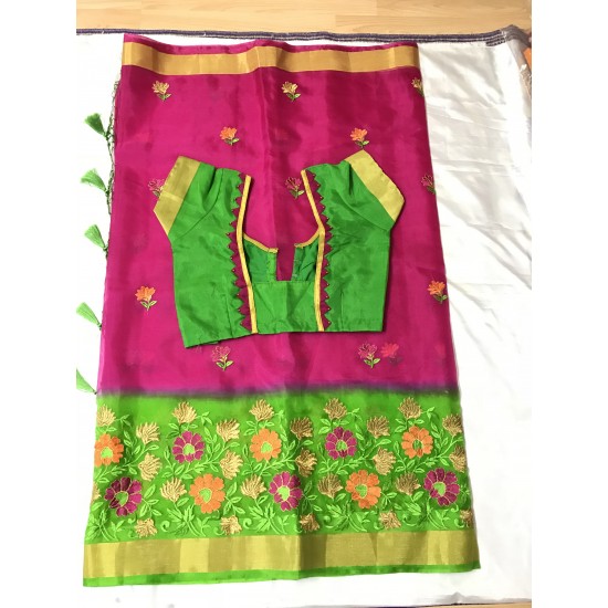 Pink and Green Combo Embroidered Organza Saree