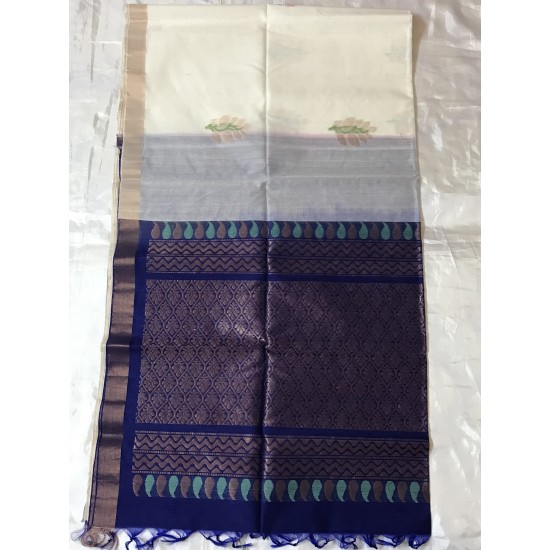 HALF WHITE  AND ROYAL BLUE COMBO SILK COTTON (SICO) SAREE 