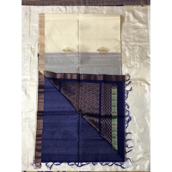 HALF WHITE  AND ROYAL BLUE COMBO SILK COTTON (SICO) SAREE 