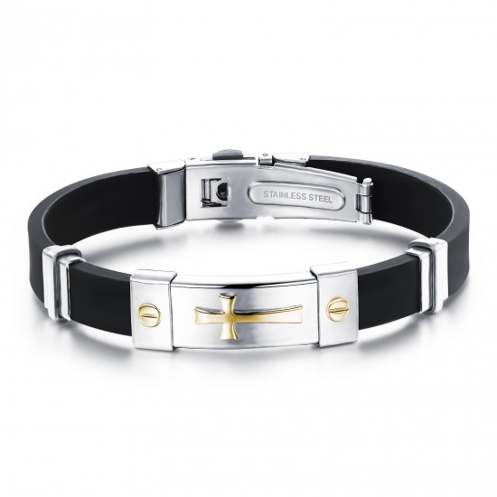 Mens Bracelet Black Cobra Color with Stylish White & Yellow Gold Metal Leather Bracelet